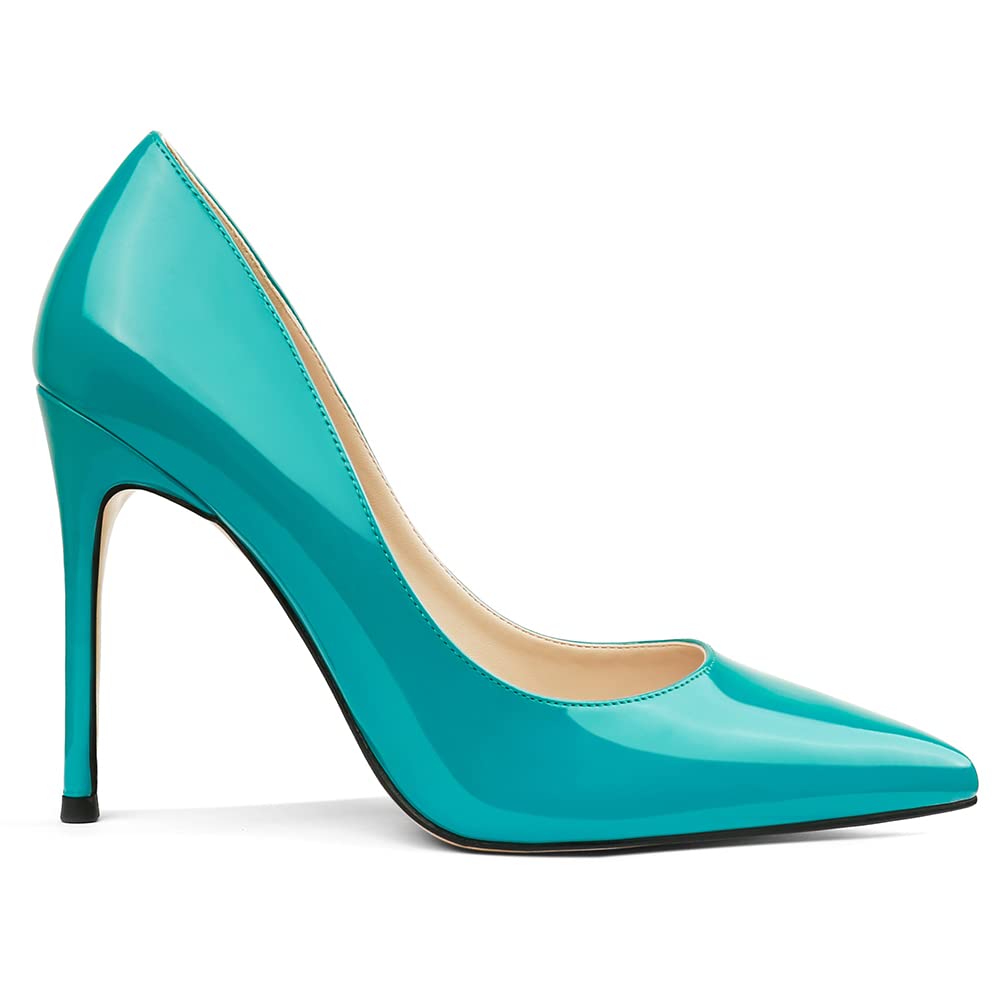 COLETER Women's 4 Inch Pumps Pointy Toe Wedding Dress Shoes Slip on Stiletto Pumps Patent Teal 11US