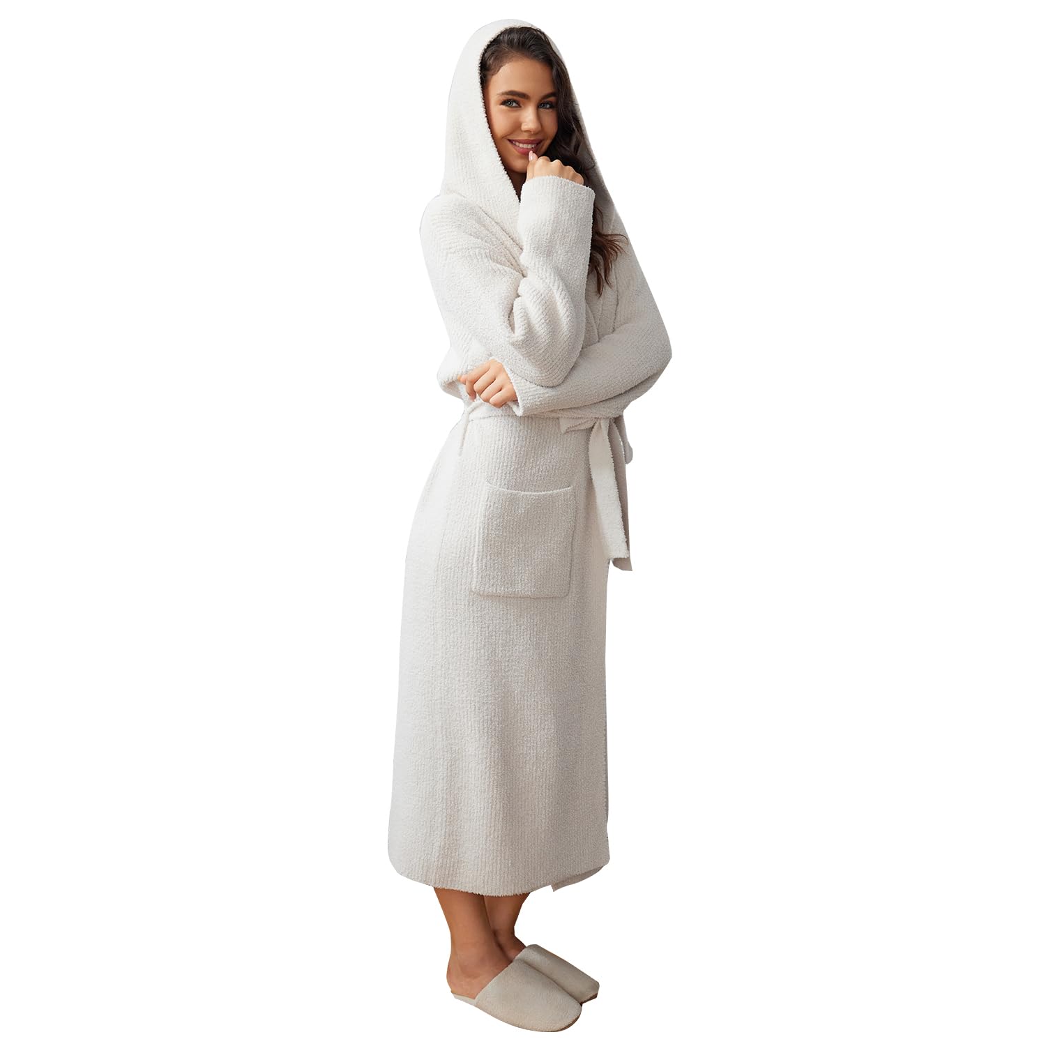 MH MYLUNE HOME Ultra Soft Robe With Pockets, Spa Bathrobe Loungewear Calf-Length, Plush Fuzzy Fluffy Wrap Robe for Women, Women's Robes, Hooded Ribbed Taupe