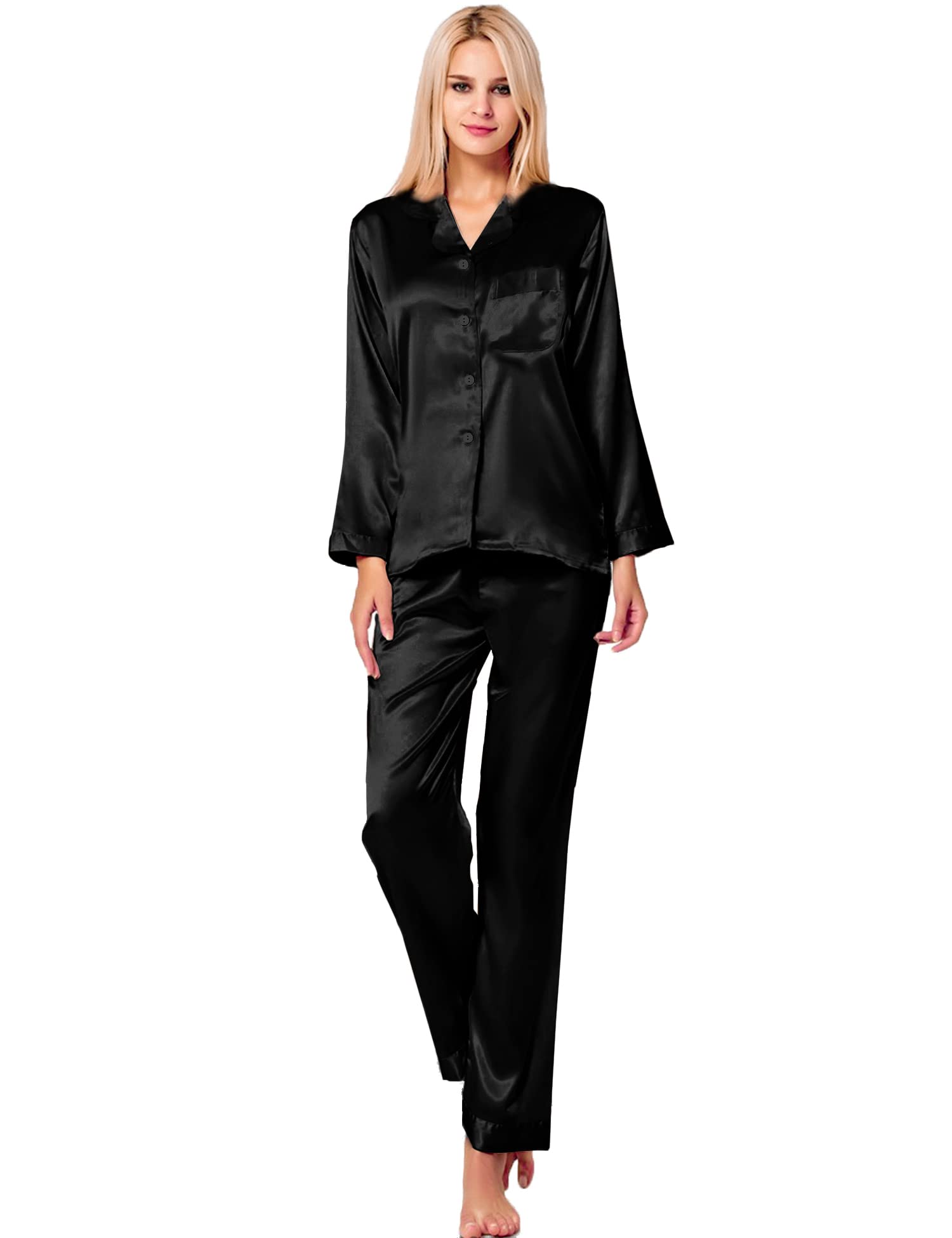 SWOMOG Long Sleeve Pajamas Set Silk Satin Sleepwear Button Down Pjs Loungewear with Pocket Black X-Large