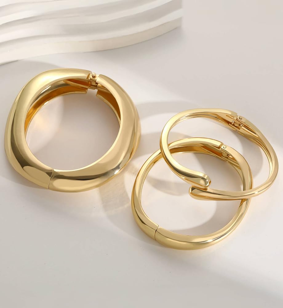 Chunky Gold Bangle Bracelets for Women, Dainty 14k Gold Plated Big Stackable Bangles Set, Trendy Cuff Bracelet Stack Fashion Jewelry Valentines Gifts for Wife Mom