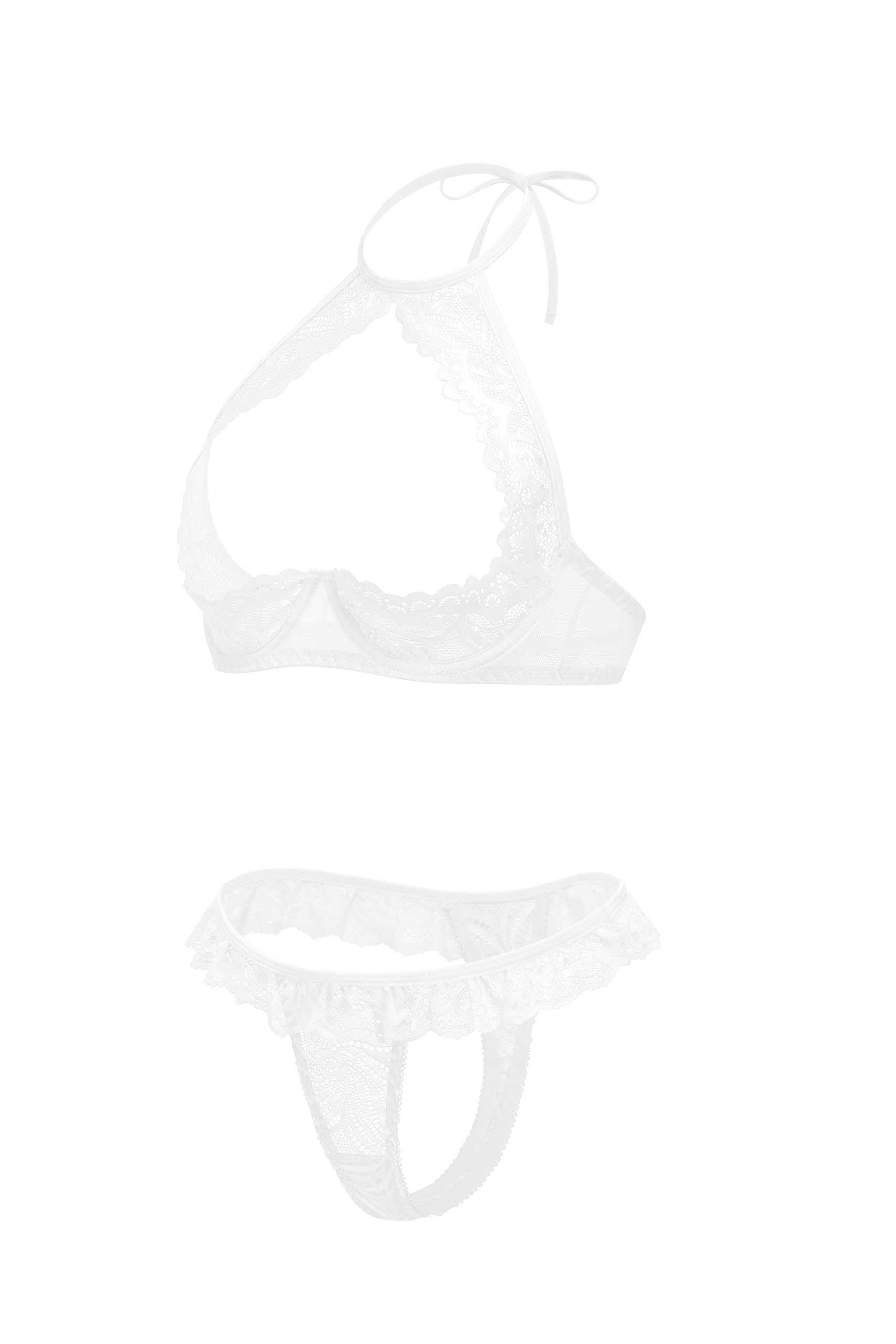 Avidlove Sexy Underwire Push Up Lingerie for Women Floral Lace Sheer Lingerie Set for Women Halter Bra and Panty 2 Piece White XX-Large