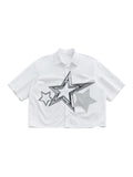 GORGLITTER Men's Lips Graphic Button Down Cropped Shirt Y2k Short Sleeve Collar Boxy Going Out Tops Streetwear Graphic White Large