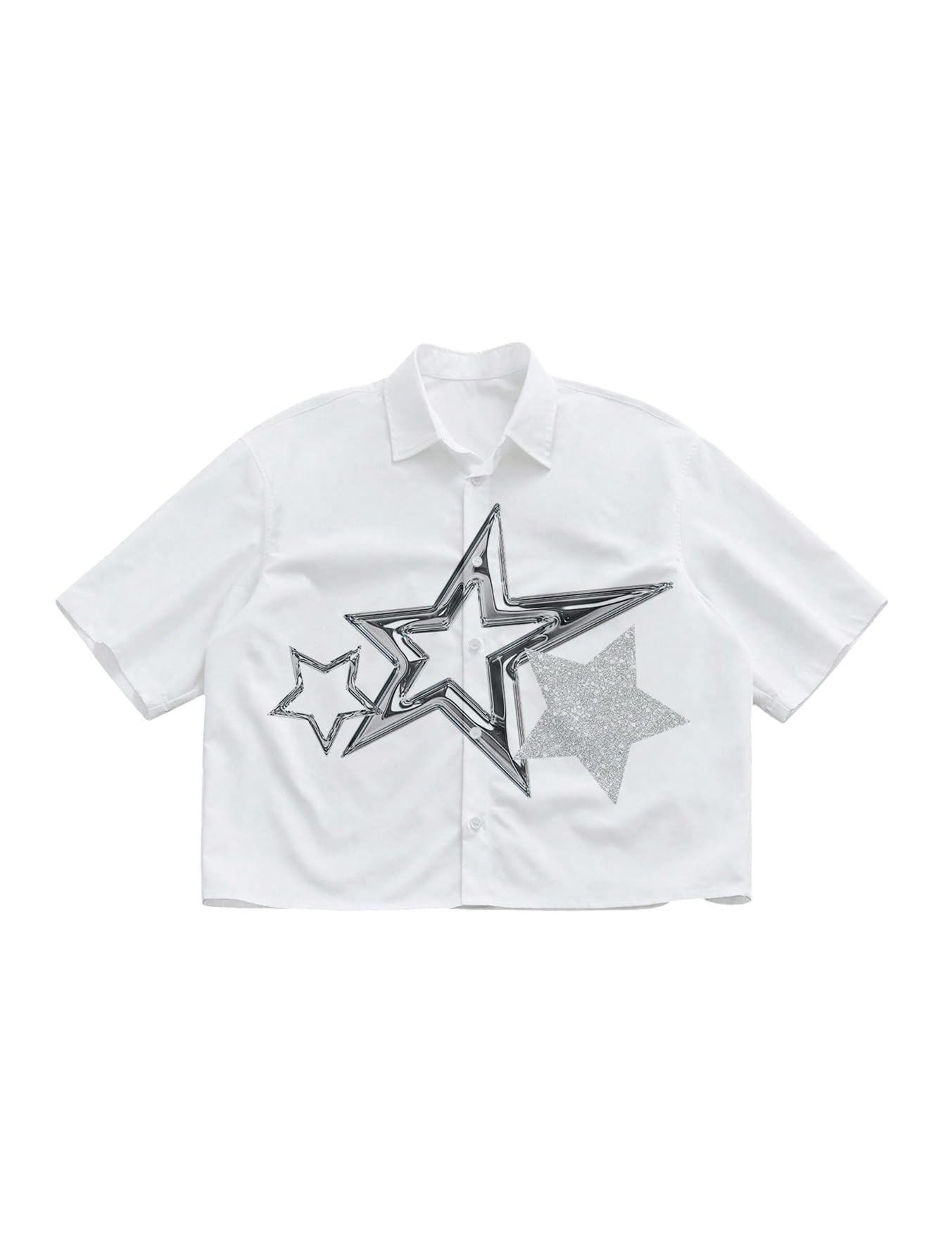 GORGLITTER Men's Lips Graphic Button Down Cropped Shirt Y2k Short Sleeve Collar Boxy Going Out Tops Streetwear Graphic White Large