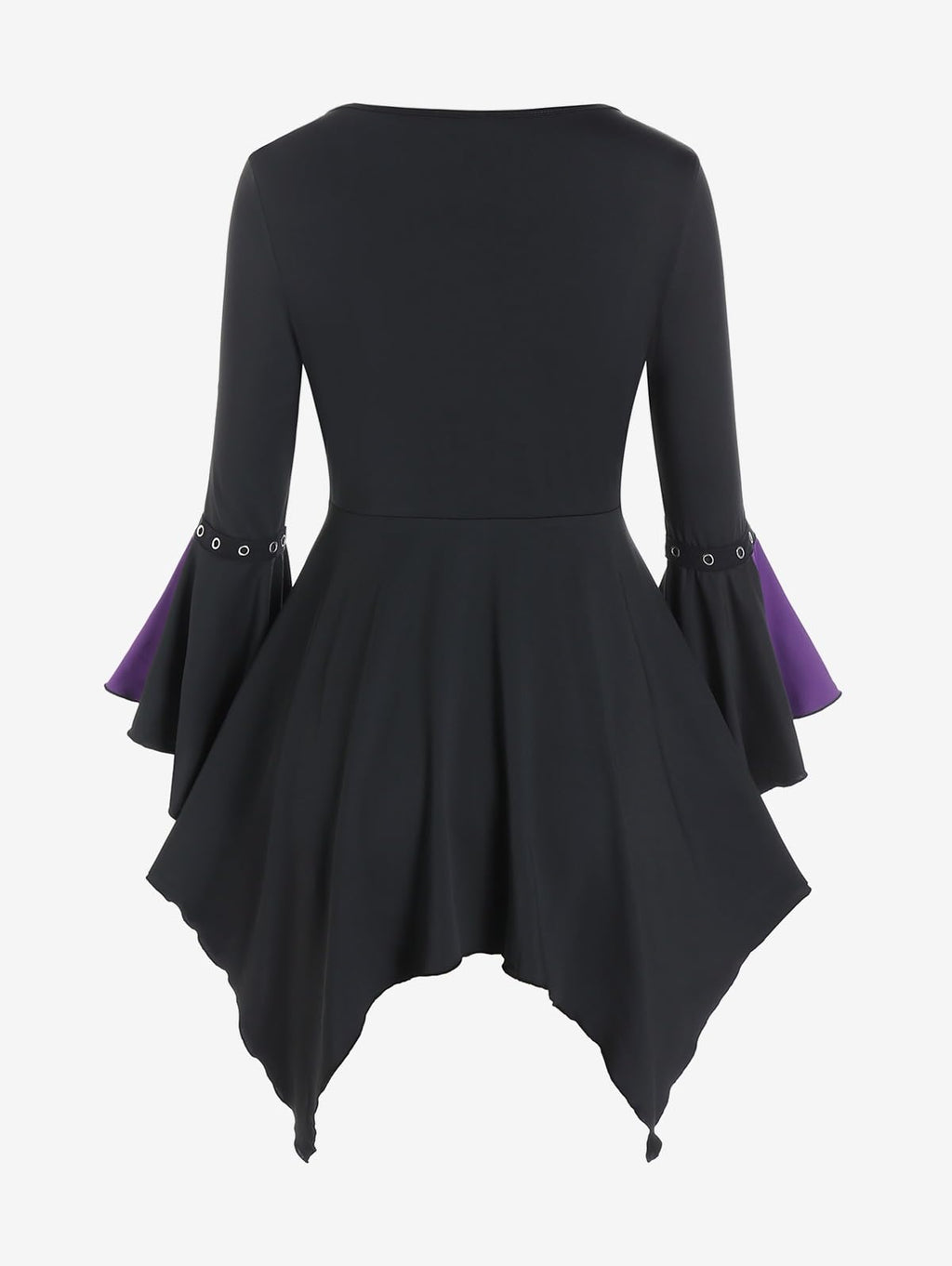 ROSE GAL Rosegal Women Plus Size Gothic Flare Sleeves Lace-up Two Tone Handkerchief Tee Halloween Costume Bell Sleeves Top Colorblock Long Sleeves Gothic Top(Purple_2/3X)