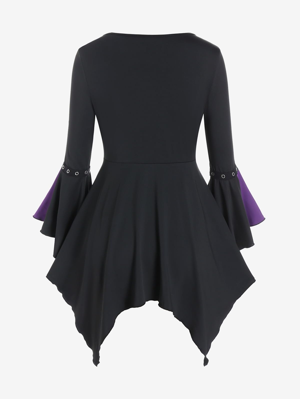 ROSE GAL Rosegal Women Plus Size Gothic Flare Sleeves Lace-up Two Tone Handkerchief Tee Halloween Costume Bell Sleeves Top Colorblock Long Sleeves Gothic Top(Purple_2/3X)