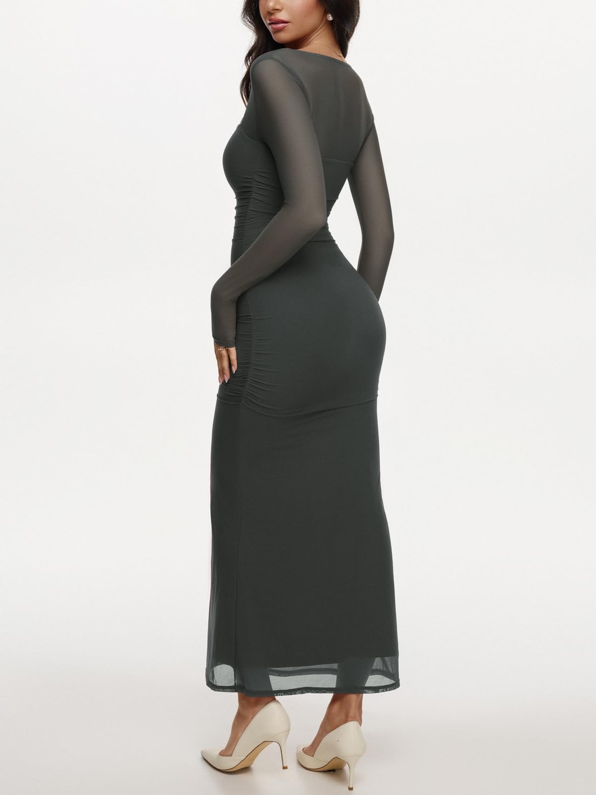 REORIA Long Sleeve Wedding Guest Maxi Dresses for Women Sheer Mesh Square Neck Ruched Bodycon Long Dress 2026 Spring Outfits Thyme X-Large