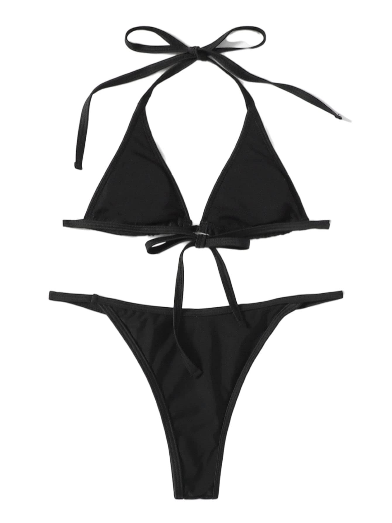 WDIRARA Women's Skull Pattern Halter Triangle Thong Sexy 2 Piece Bikini Swimsuit Black XL