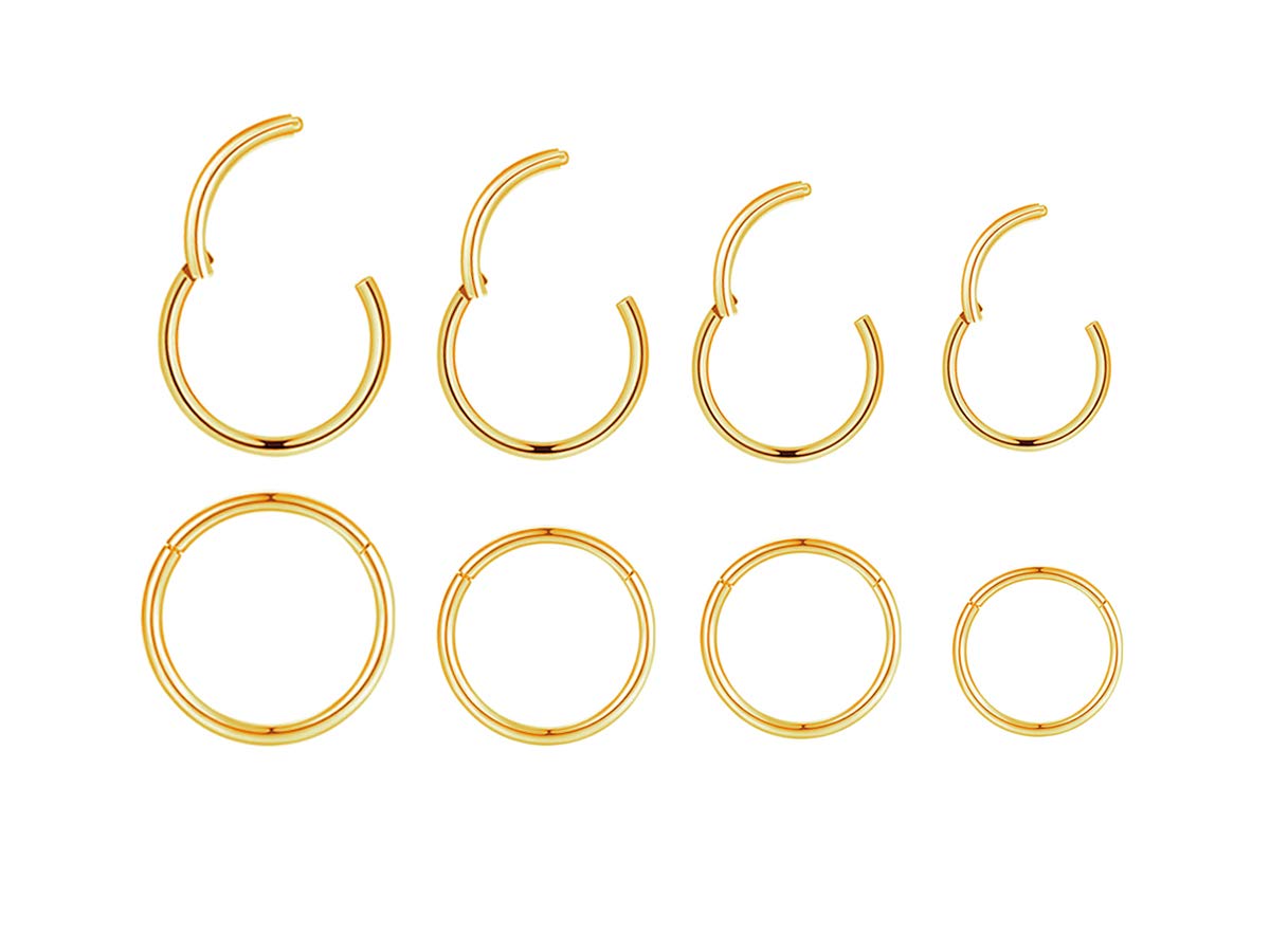 HQLA 4Pairs 18G Surgical Steel Hinged Clicker Segment Nose Rings Hoop Helix Cartilage Daith Tragus Sleeper Earrings Body Piercing for Women Men (18G - Gold - (6mm-12mm) - 4Pairs)