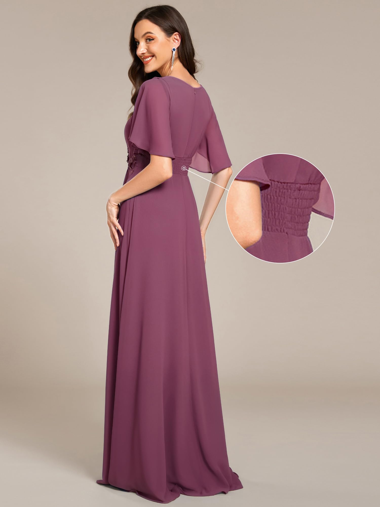 Ever-Pretty Women's Classic Round Neck Pleated Short Sleeves Chiffon Appliques Floor Length A Line Formal Evening Dresses Damson US22
