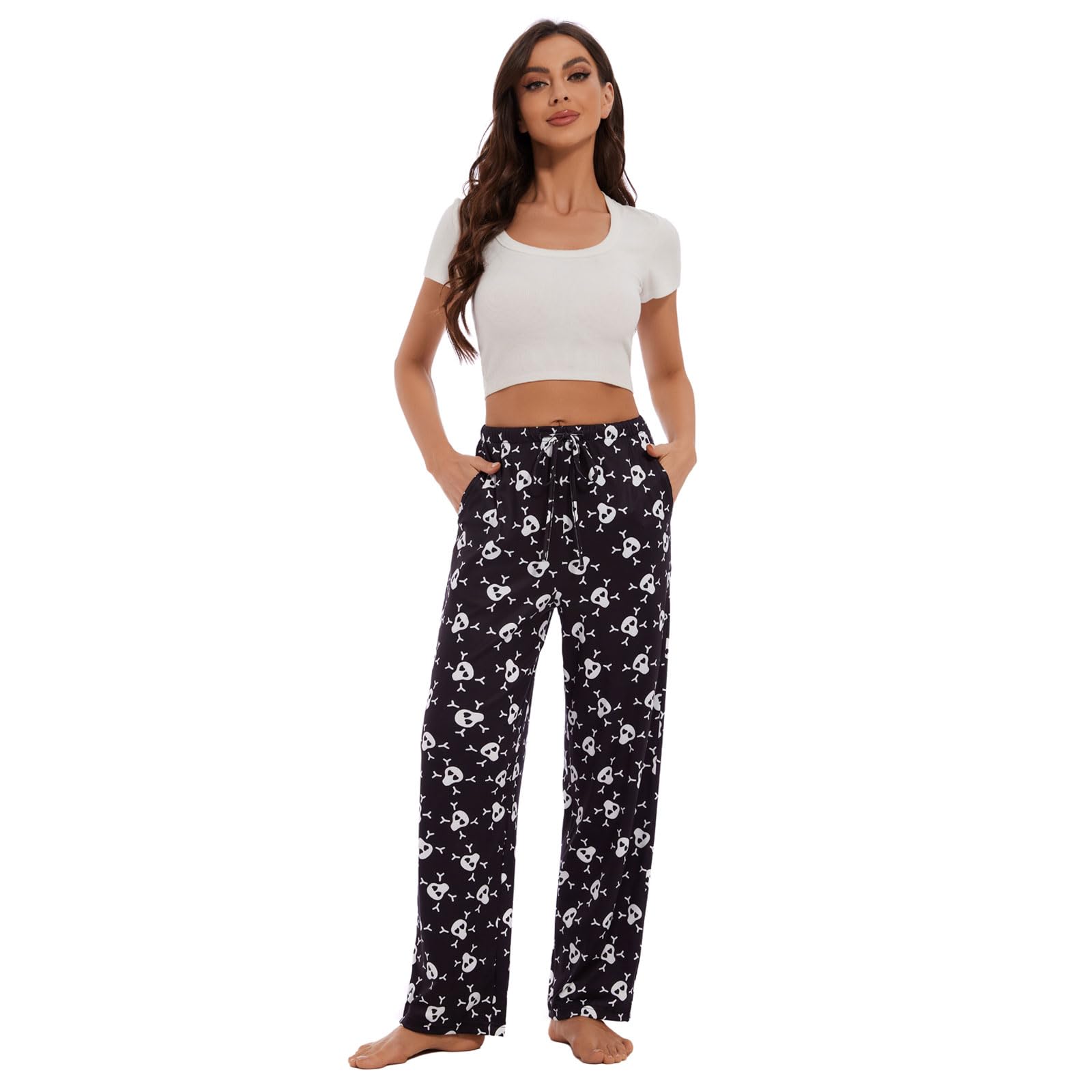 Devirld Women's Lounge Pants, Straight-Leg Loose Pajama Pants for Women Flowy Wide Leg Palazzo Trousers with Pockets