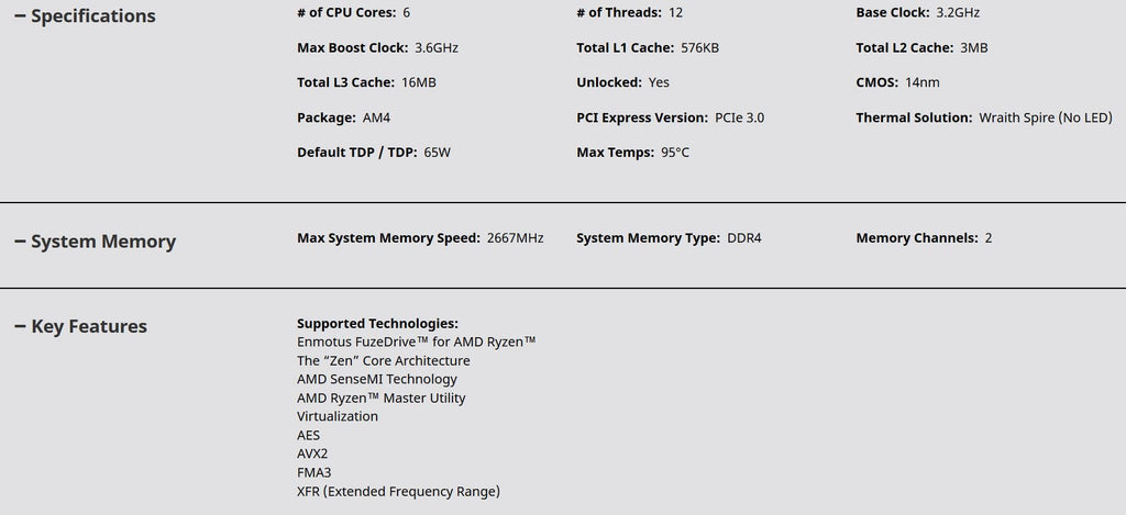 AMD Ryzen 5 1600 Processor with Wraith Spire Cooler (YD1600BBAEBOX)