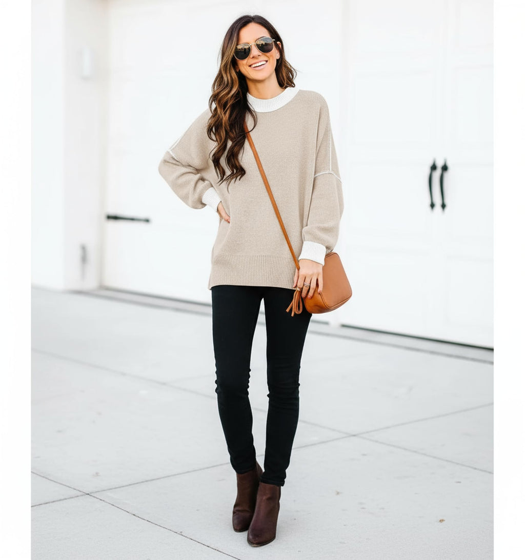ETCYY Womens Oversized Sweaters Fall 2026 Fashion Clothes Trendy Batwing Sleeve Colorblock Striped Knit Pullover Tops,Apricot,Large
