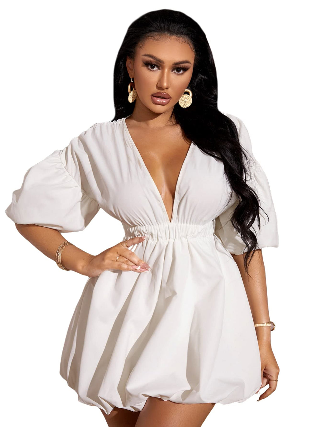 WDIRARA Women's Deep V Neck Puff Sleeve High Rise Flare Dress Elastic Waist Dress White Large