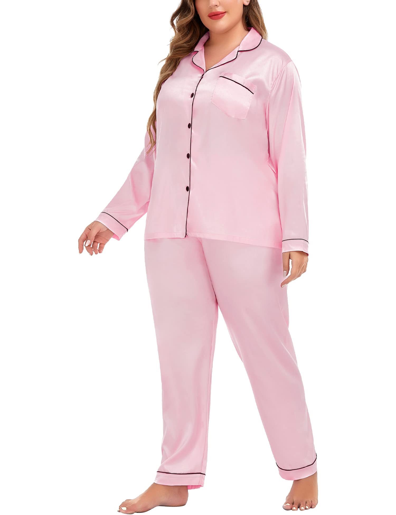 SWOMOG Women's Pajama Set Plus Size Silk Satin Pajama Set Notch Collar Sleepwear Long Sleeve Pajamas Sets for Women 18W Pink