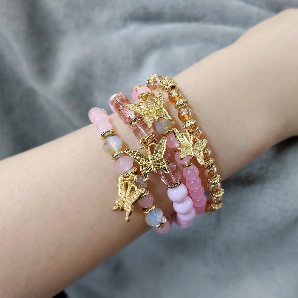 Azusa Sun 4 Pcs Cute Butterfly Charm Pink Bracelets Set Gold Beaded Stackable Stretch Bracelets Bohemian Summer Jewelry Gifts for Women