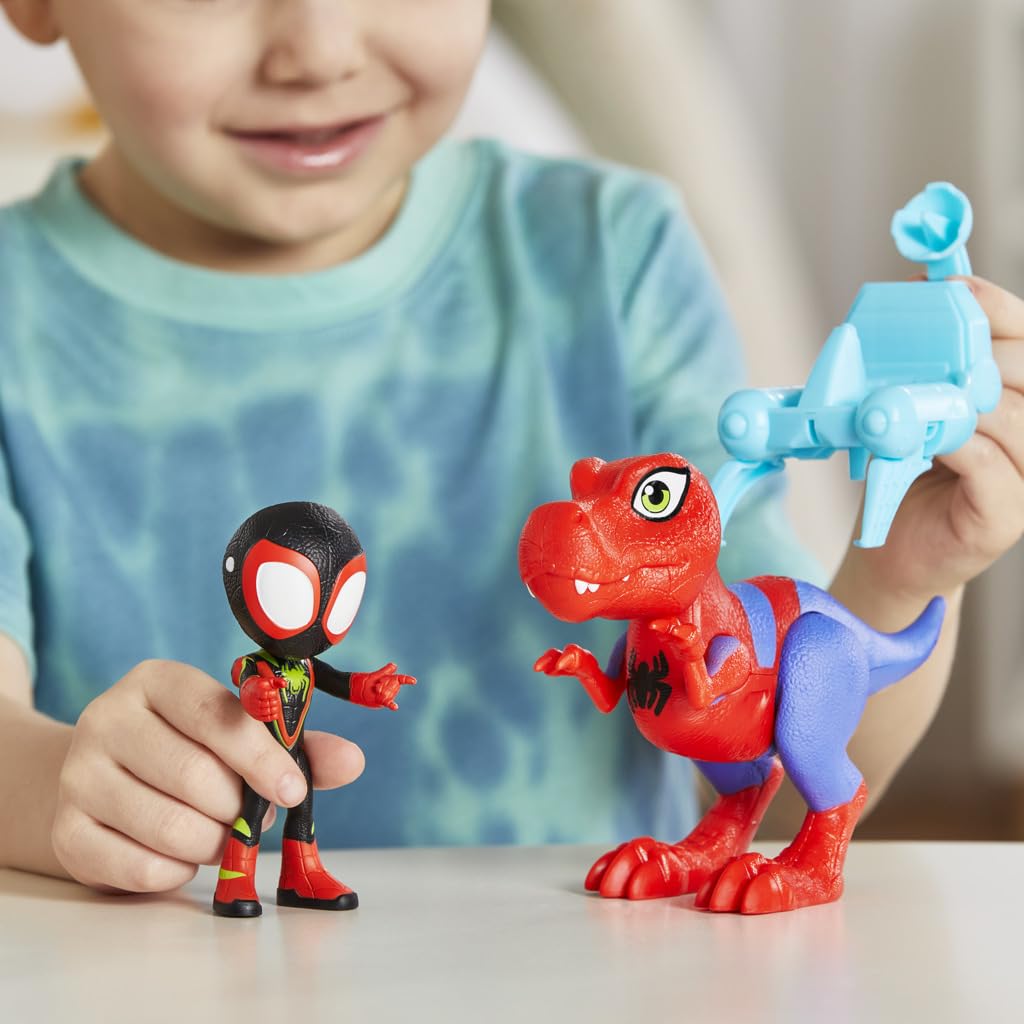 Marvel Spidey and His Amazing Friends Dino-Webs Spidey-Rex & Miles “Spin” Morales 4-inch-Scale Spider-Man Action Figure Set, Toys for Kids