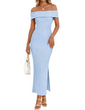 MEROKEETY Women's 2026 Off Shoulder Bodycon Midi Dress Summer Spring Formal Elegant Knit Sweater Dresses, LightBlue, Large