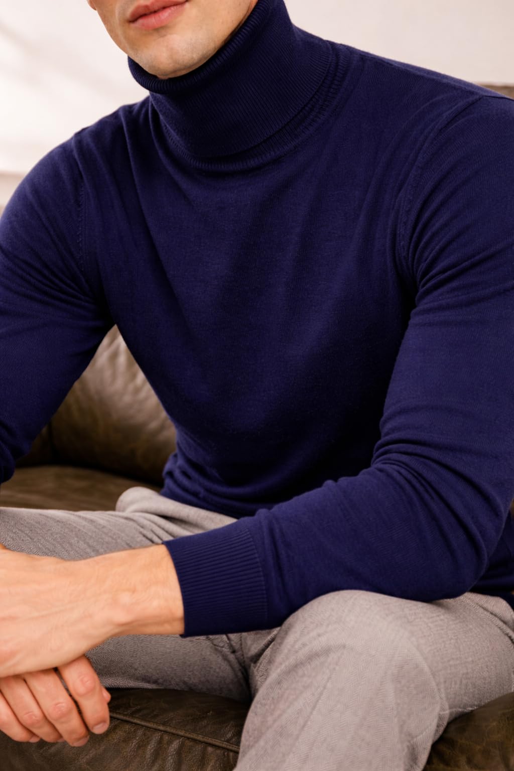State Cashmere Men's Essential Turtleneck Sweater 100% Pure Cashmere Classic Long Sleeve Pullover (Navy, Large)