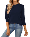 QUALFORT Women's Crewneck Sweater 100% Cotton Soft Knit Pullover Tops Navy X-Large
