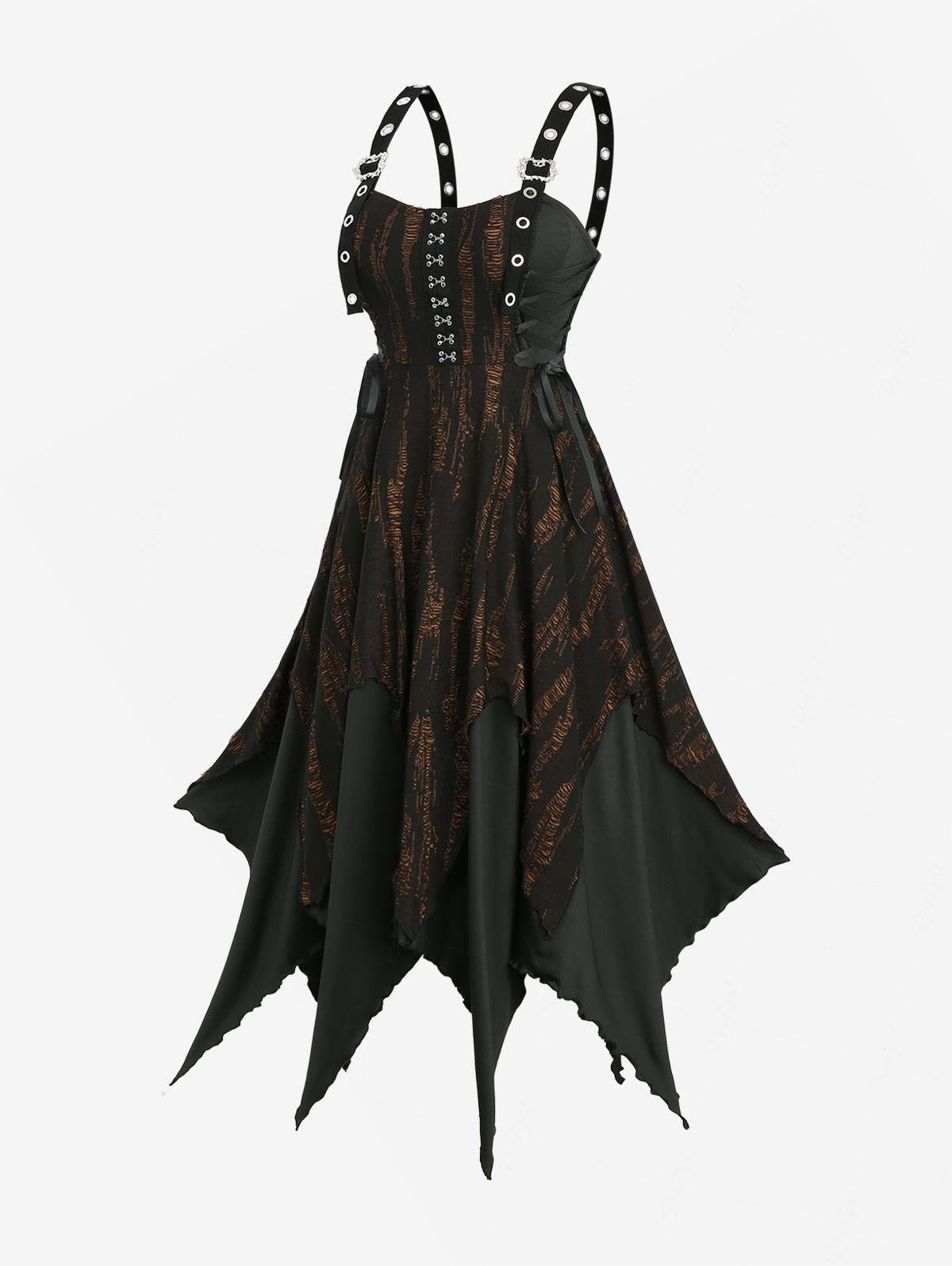 ROSE GAL Plus Size Women Goth Punk Ripped Handkerchief Dress Layered Hook-and-Eye Lace-up Buckles Grommet Midi Grunge Gothic Halloween Costume Dress(Black_1/L)