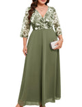 ZOMVA Plus Size Maxi Formal Dress Lace Chiffon Floral V-Neck Wrap Wedding Guest Evening Gown Cocktail Prom 3/4 Sleeves, Light Green Floral, 3X