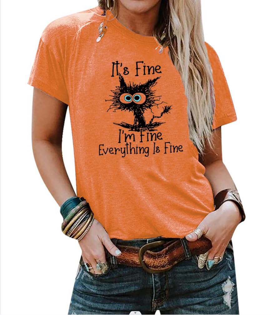 Women's I'm Fine Everything is Fine T-Shirts Short Sleeve Sayings Oversized Casual Cute Cat Graphic Tee Blouse Tops S Orange