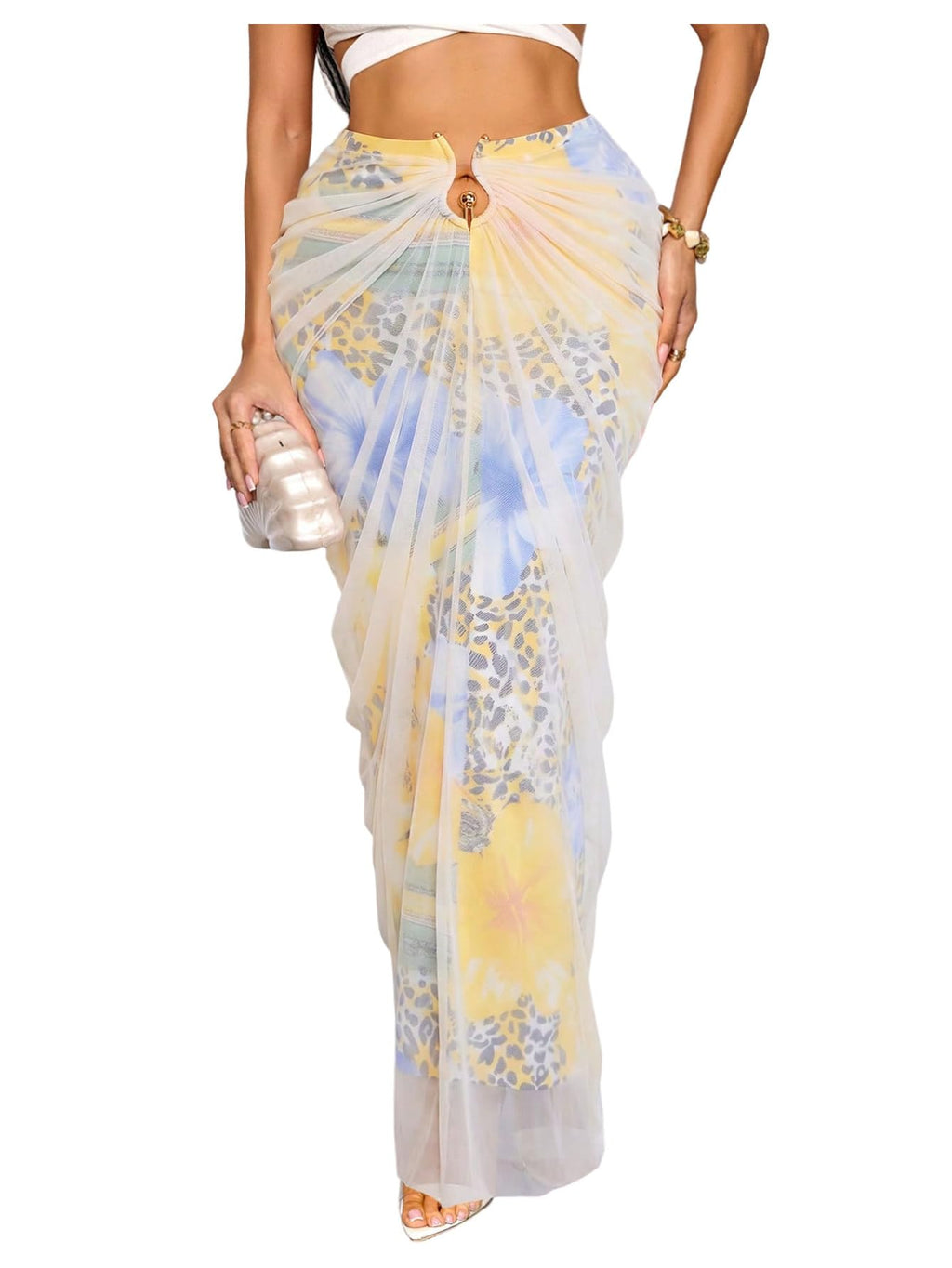 WDIRARA Women's Ruched Bodycon Maxi Skirt Cocktail Party High Waisted Long Fishtail Skirts Pale Yellow Small