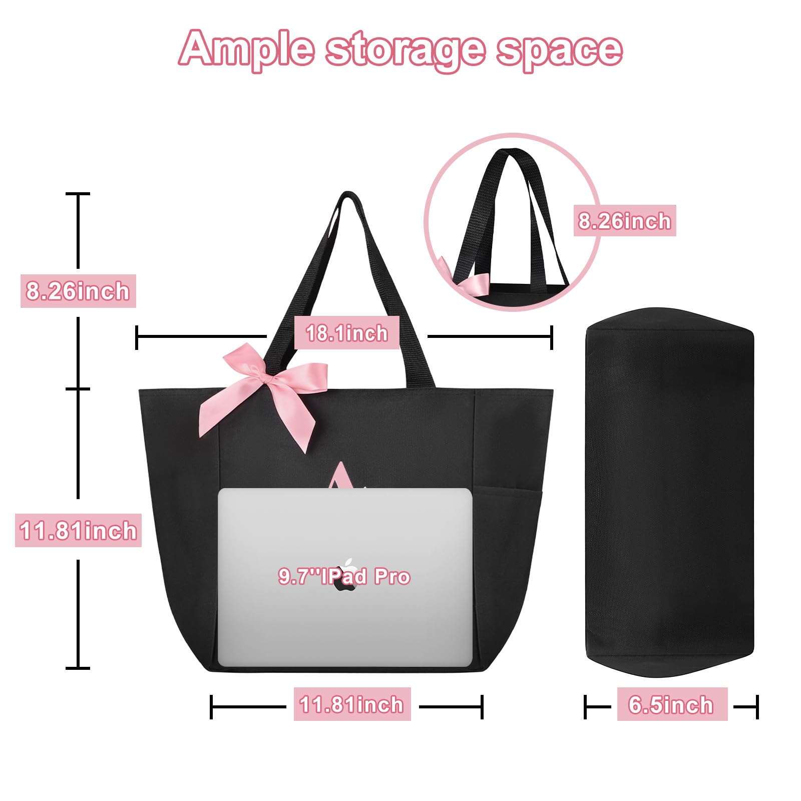 Vavabox Tote Bag, A-Z Initial Monogrammed Waterproof Tote Bag, Bridesmaid Gifts for Women, Black and Pink (S, Black)