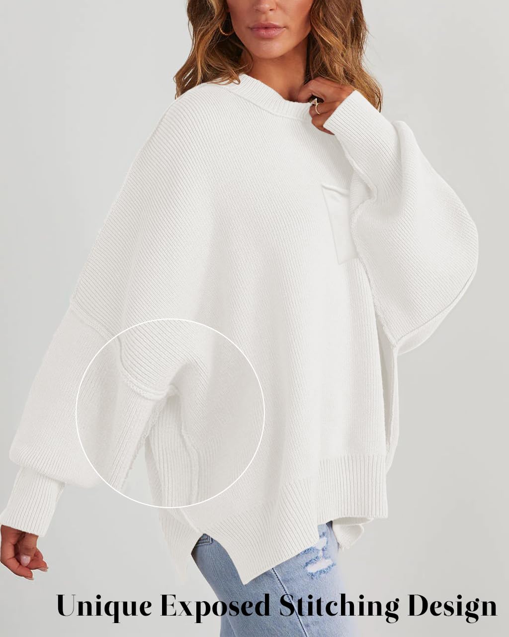 Women's Oversized Sweaters 2025 Fall Fashion Casual Outfits Crewneck Long Sleeve Batwing Pullover Tops Winter Clothes (White, L)