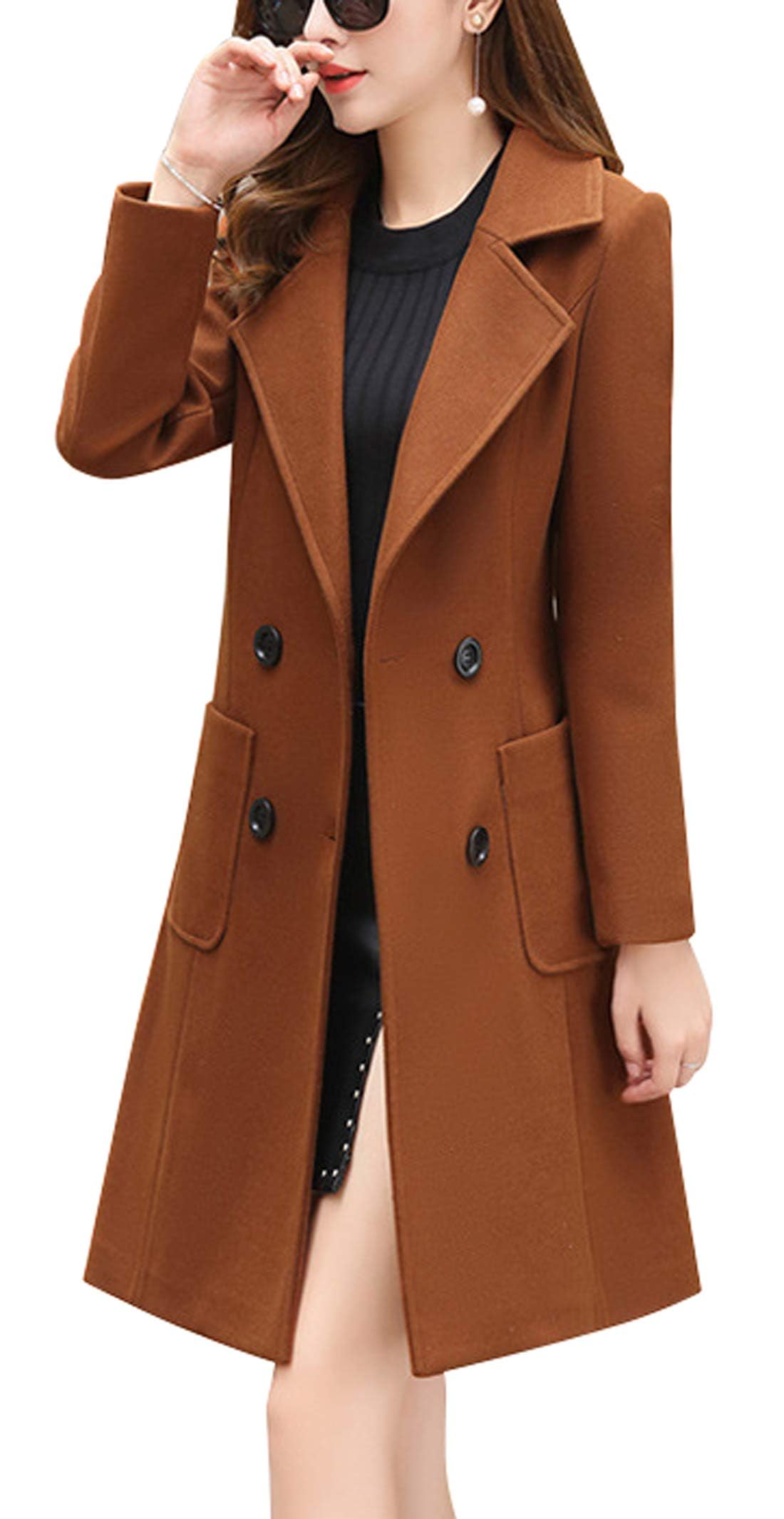 chouyatou Women Elegant Notched Collar Double Breasted Wool Blend Over Coat (Medium, Brown)