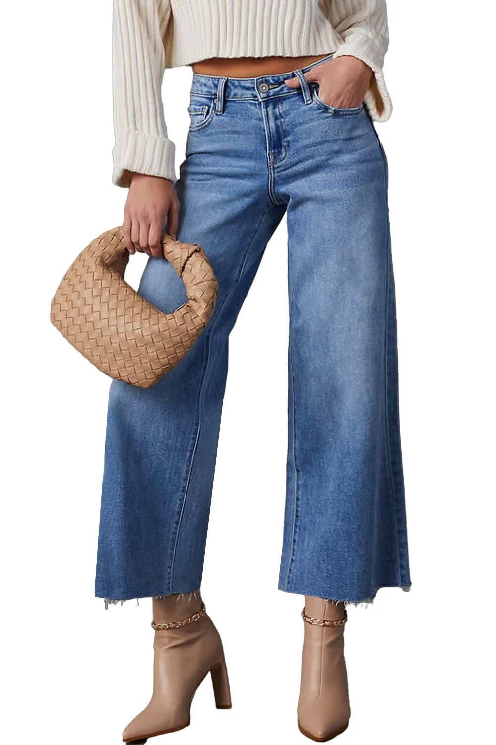 Allimy Womens High Waisted Capri Pants Wide Leg Pants Woman Cropped Jeans Baggy Barrel Jeans for Women Trendy Denim Blue Size 8