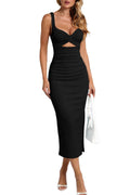 MISSJOY Women's Sexy Ribbed Bodycon Midi Dress Twist Front Cutout Sleeveless Night Out Date Night Going Out Holiday Birthday Vacation Travel Beach Dinner Dress with Side Slit Black