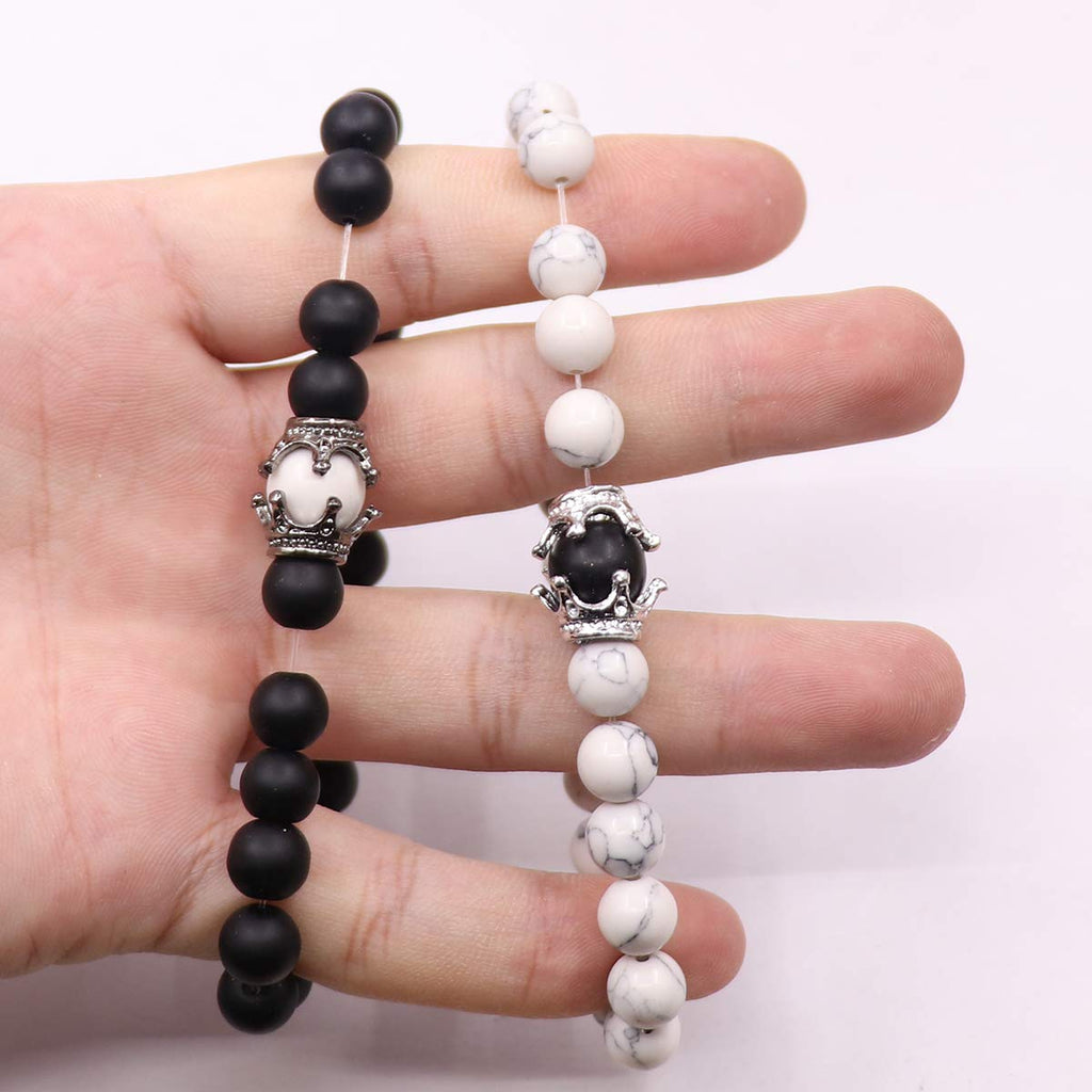 UEUC King&Queen Crown Distance Couple Bracelets His Hers Black Matte Agate 8mm Beads Bracelet