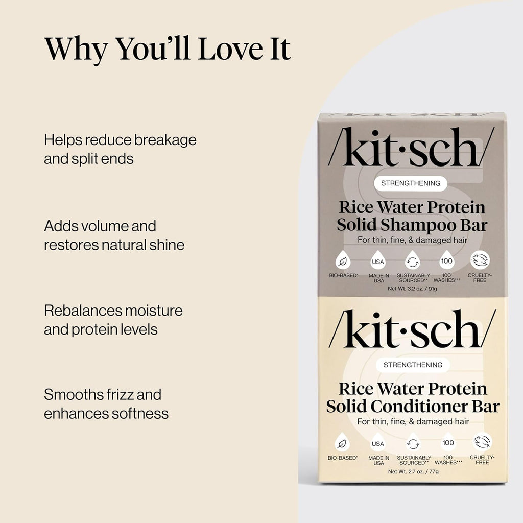 Kitsch Rice Water Shampoo & Conditioner Set – Solid Shampoo & Conditioner Bar with Protein for Hair Growth, Strengthening Hair & Damage Repair – Paraben, Sulfate & Silicone Free – 2 Pack