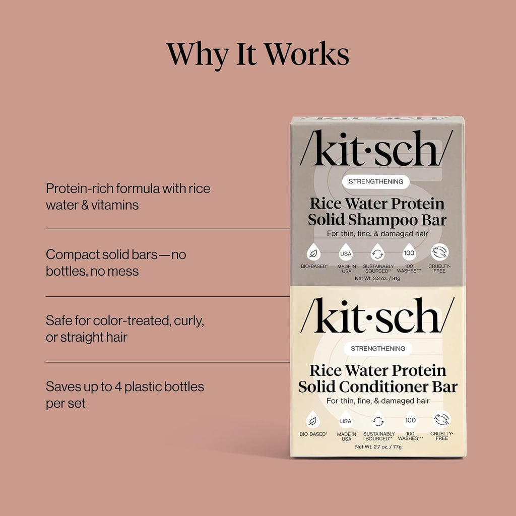 Kitsch Rice Water Shampoo & Conditioner Set – Solid Shampoo & Conditioner Bar with Protein for Hair Growth, Strengthening Hair & Damage Repair – Paraben, Sulfate & Silicone Free – 2 Pack