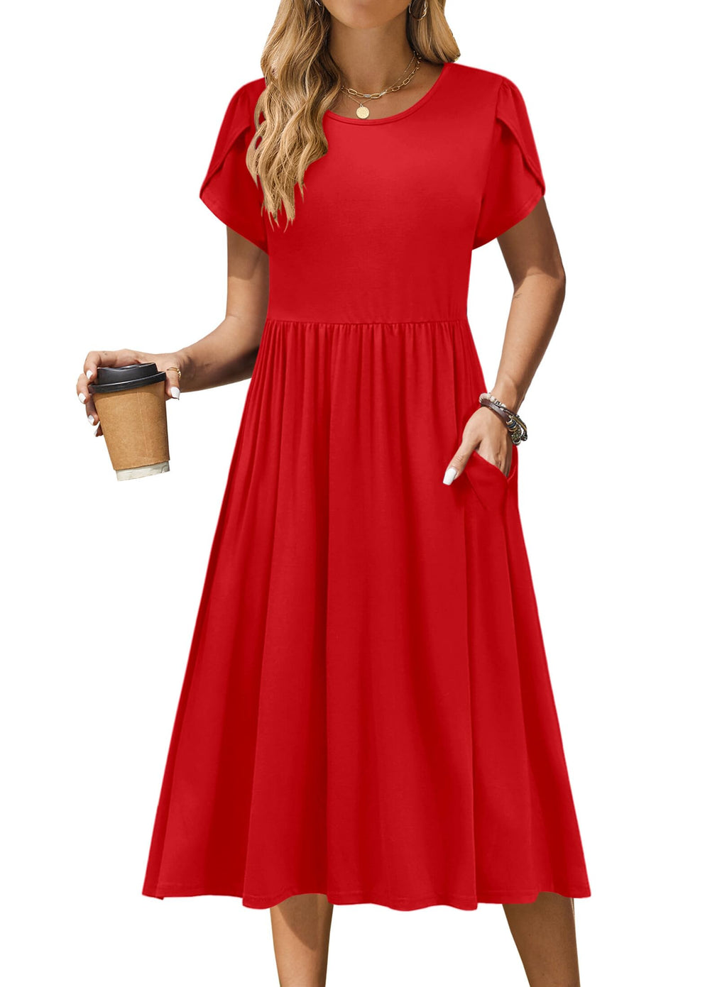 Zeagoo Short Sleeve Dress for Women Casual Summer Tshirt Dress Wedding Guest Dresses Short Sleeve Midi Dress Fashion Beach Vacation Sundress with Pocket Red