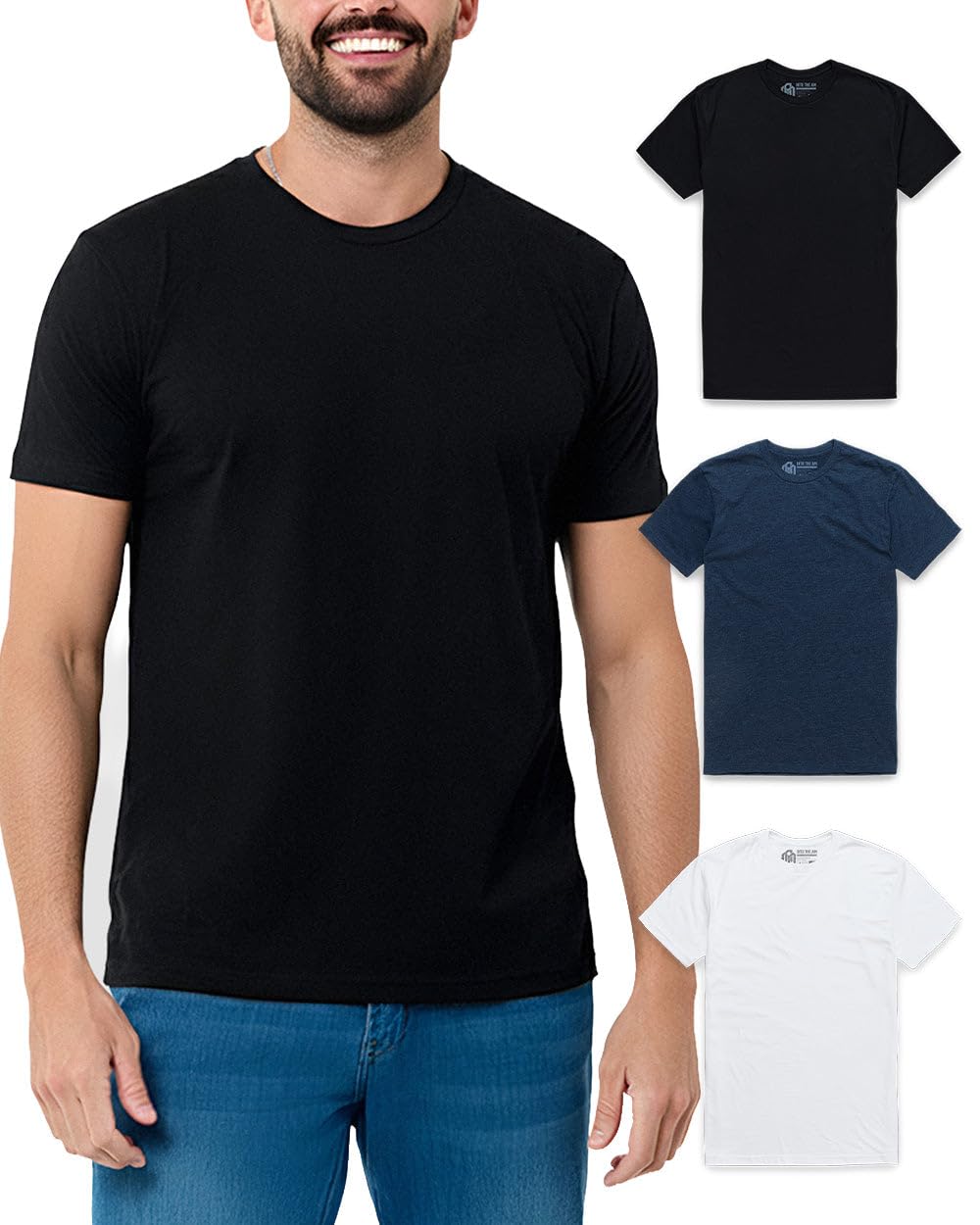 INTO THE AM Men's Plain Basic Tees 3 Pack Multipack - Fitted Essential Crewneck Blank Gym Classic Casual True Fit Fashion for Guys (Black/Navy/White, Medium)