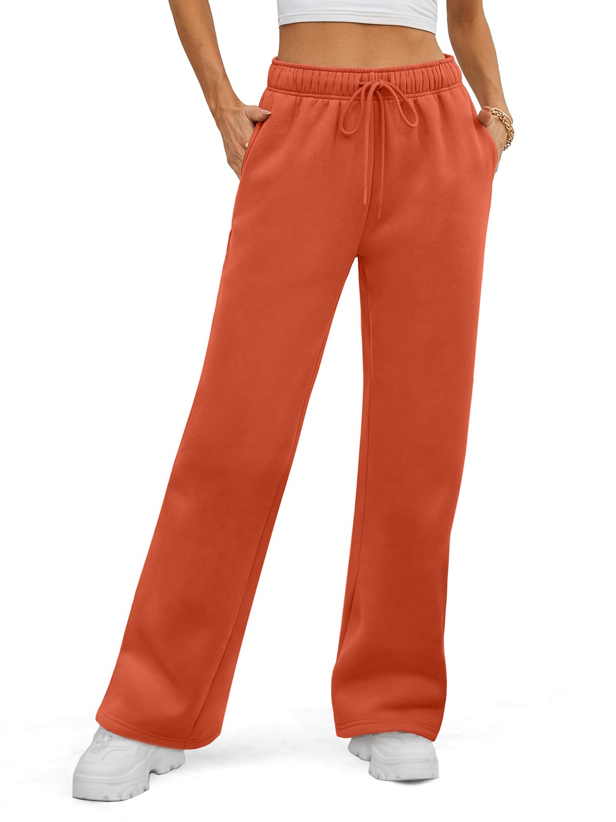 ATHMILE Women 2026 Fall Fleece Lined Sweatpants Petite Baggy Open Bottom Halloween Pants Drawstring Casual Aesthetic Clothes Orange