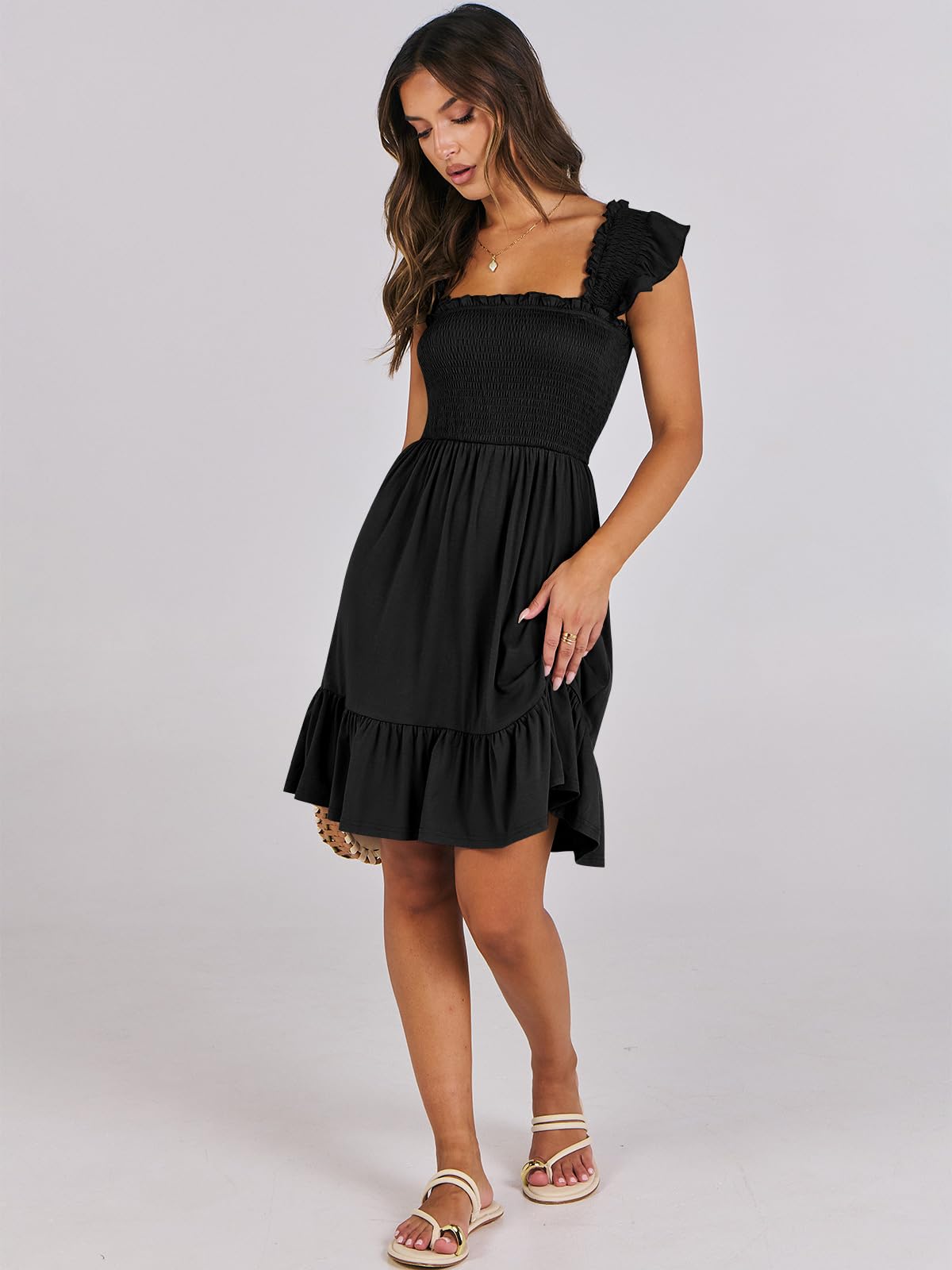 ANRABESS Women's Summer Casual Sleeveless Square Neck Dress 2025 Smocked Ruffle Backless Boho Beach Cute Teen Short Sundress Black Medium