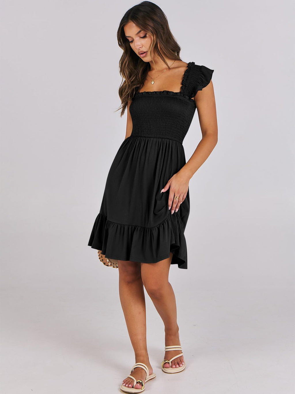 ANRABESS Women's Summer Casual Sleeveless Square Neck Dress 2026 Smocked Ruffle Backless Boho Beach Cute Teen Short Sundress Black Large
