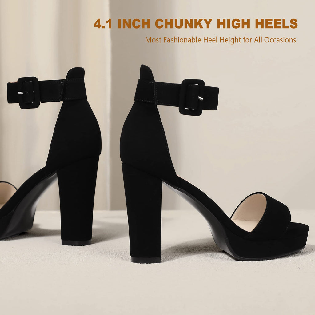 IDIFU Women's IN4 Sabrina Platform Chunky High Heels Ankle Strap Heeled Sandals Wedding Party Dress Shoes (Black Nubuck, 7)