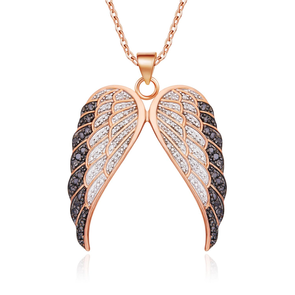 AFFY 1/2 Carat Round Cut White & Enhanced Black Natural Diamond Angel Wings Pendant Necklace In 14k Rose Gold Over Sterling Silver (0.50 Cttw) With 18" Chain