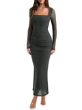 REORIA Long Sleeve Wedding Guest Maxi Dresses for Women Sheer Mesh Square Neck Ruched Bodycon Long Dress 2026 Spring Outfits Thyme X-Large