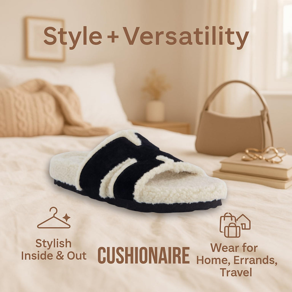 CUSHIONAIRE Cuddle Fur Slippers for Women Faux Shearling Slide Sandal +Memory Foam, cute gifts for women, BLACK 8