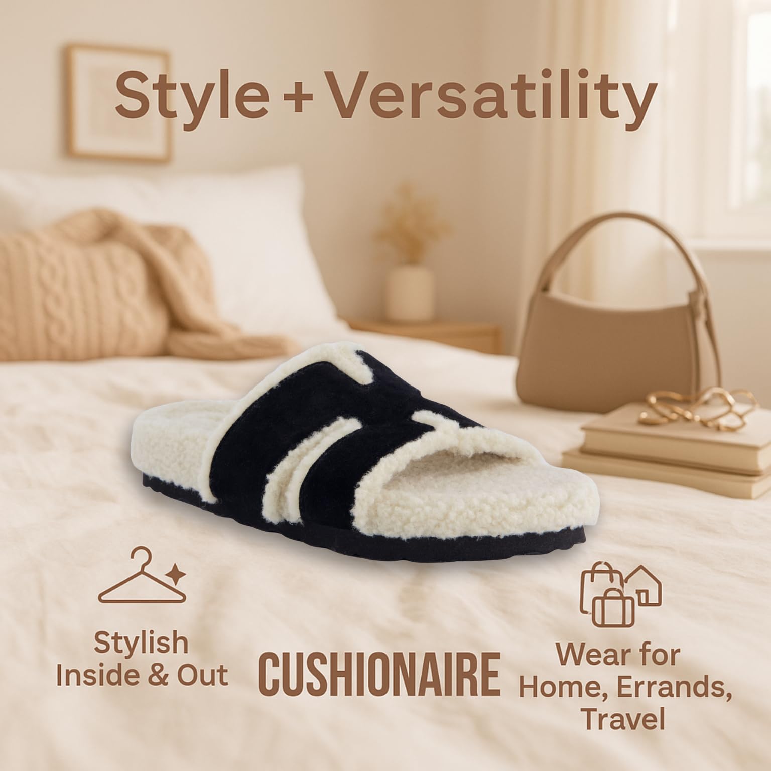 CUSHIONAIRE Cuddle Fur Slippers for Women Faux Shearling Slide Sandal +Memory Foam, cute gifts for women, BLACK 8