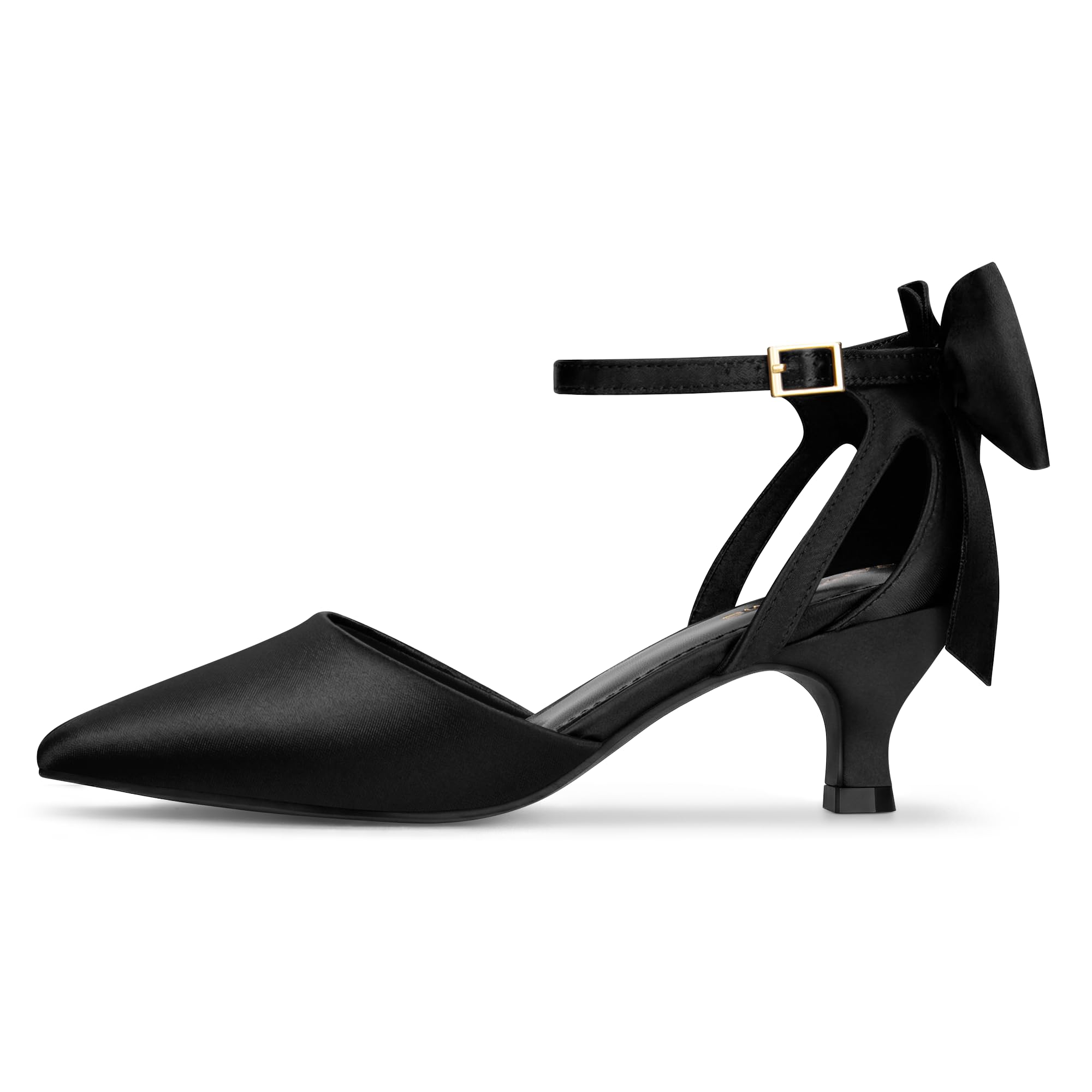 Carcuume Women's Kitten Heels with Bow Closed Toe Pumps Ankle Strap Wedding Shoes, Beni-Black Satin-8