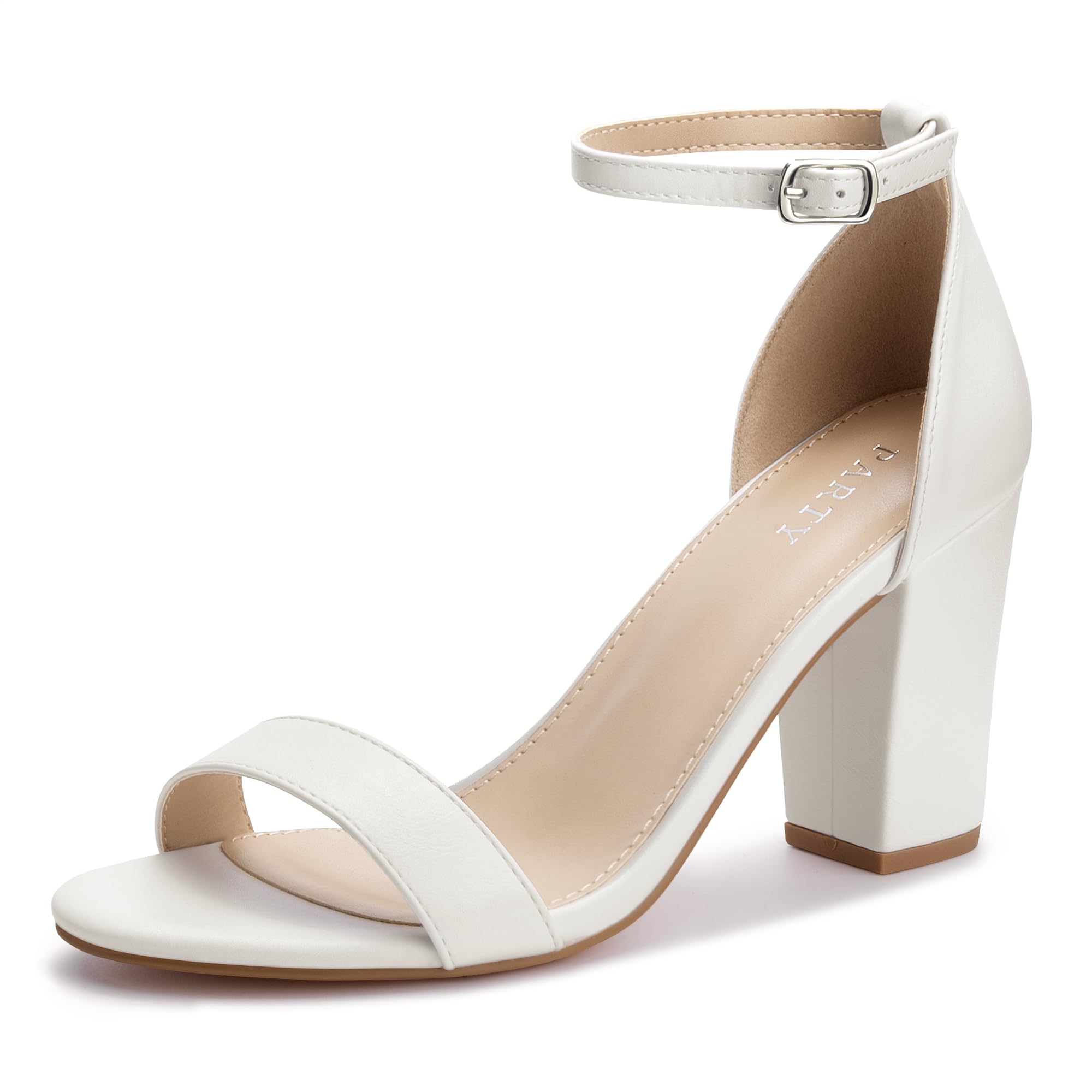 PARTY Women's Chunky Heels Open Toe Ankle Strap 3 inch Heeled Sandals,Carrie-White Pu-9