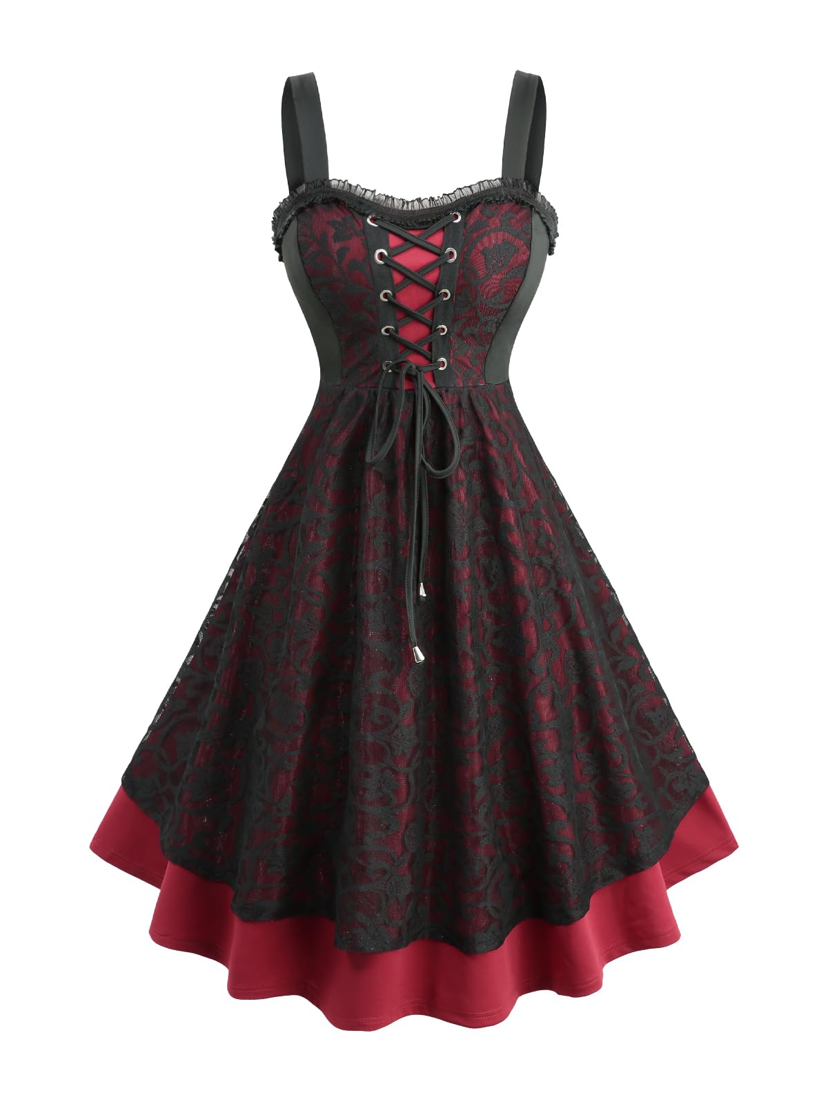 ROSE GAL Plus Size Gothic Vintage Lace Overlay Sleeveless Dress Ruffles Lace-up Backless Fit and Flare A Line Midi Goth Dress(Red_1/L)