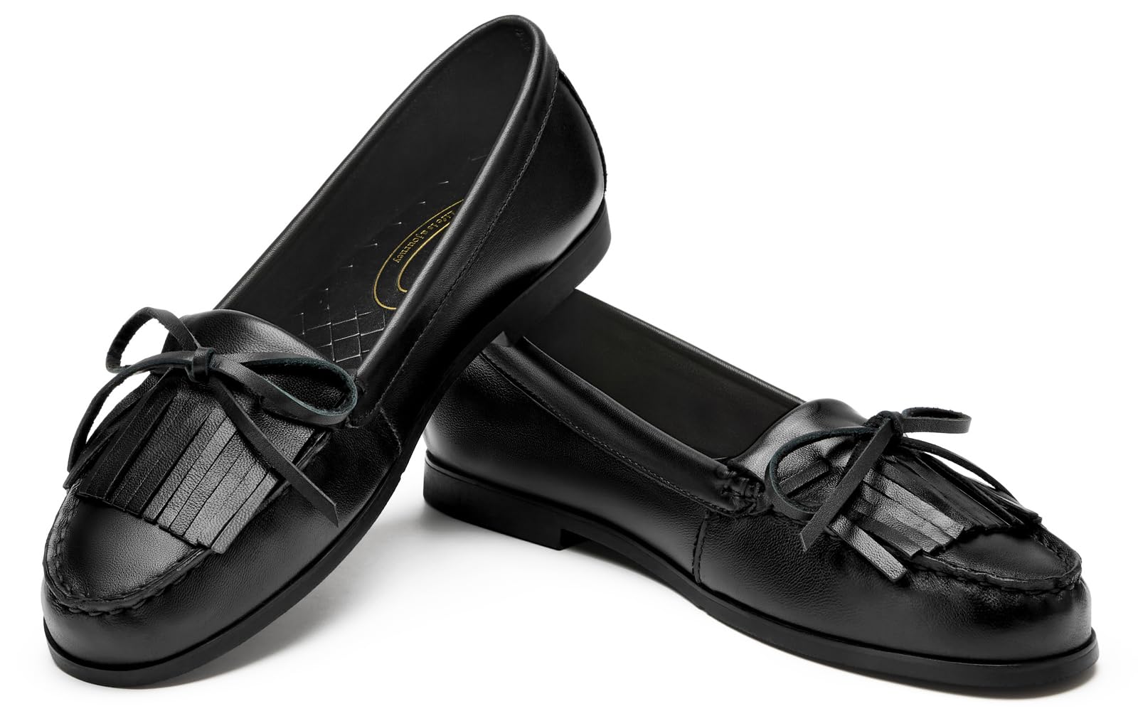 Journey West Women's Comfortable Soft Sheepskin Leather Loafers, Lightweight Tassel & Bow Slip On Flats, Premium Business Casual Driving Shoes Black US 9.5