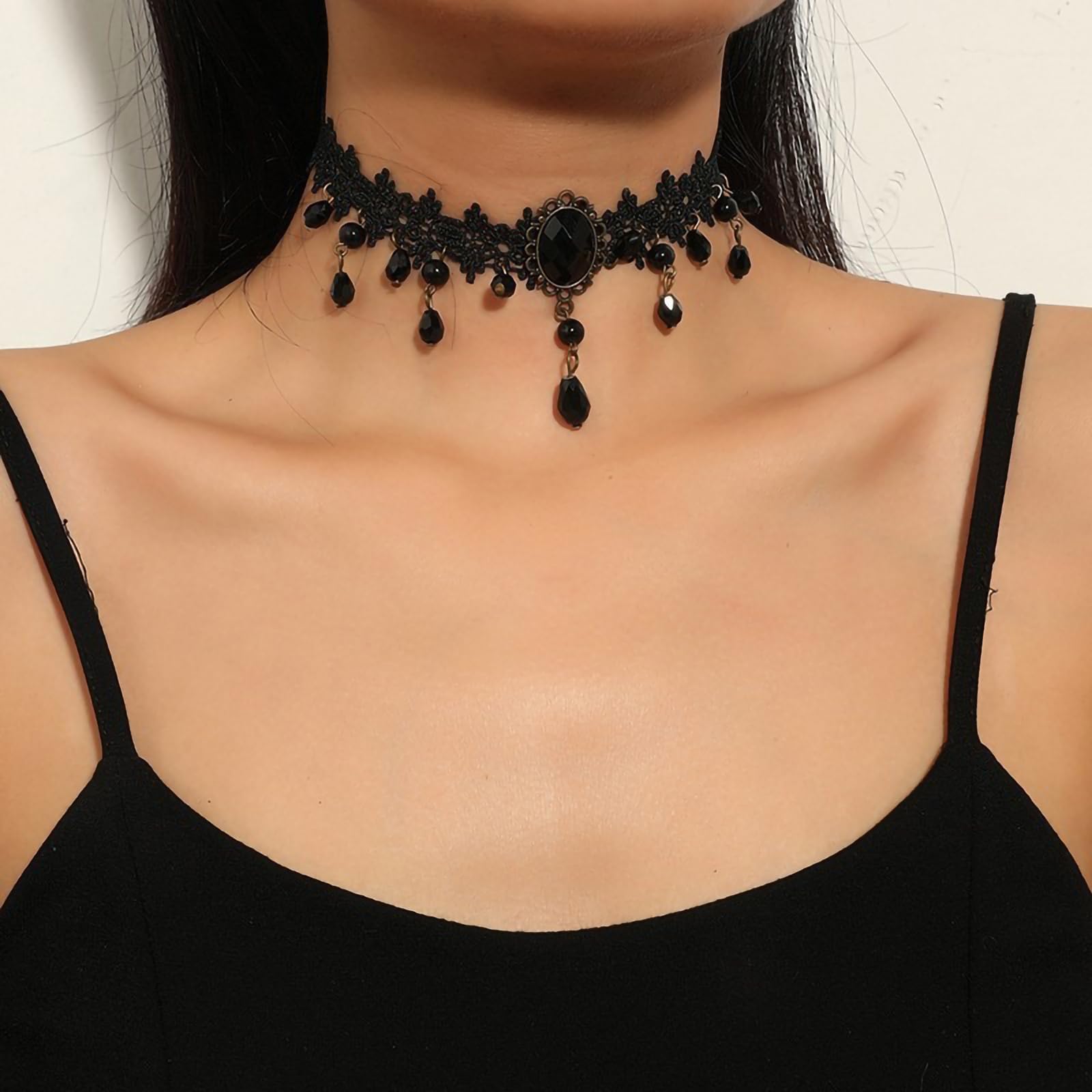 Fesciory Black Necklaces for Women, Adjustable Layered Velvet Leather Lace Collar Necklace, Goth Jewelry Gifts. (Black Crystal)